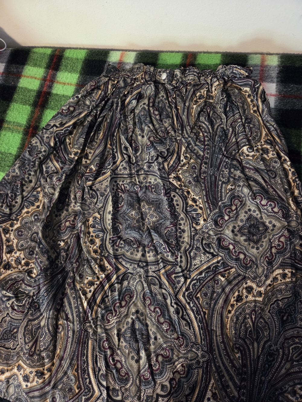 Bohemian Paisley Midi Skirt in Taupe Brown 28 in elastic waistband handmade?